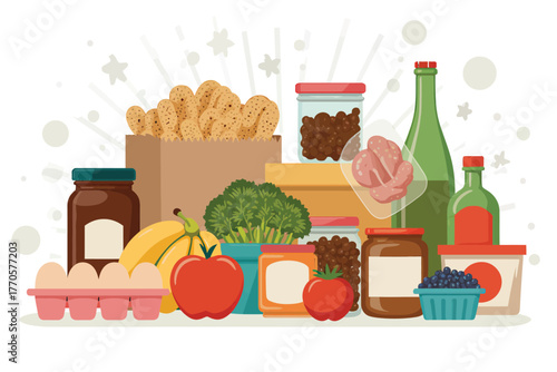 Vector illustration of collection of food items such as bread, fruits, vegetables, and meat, arranged in a still life composition