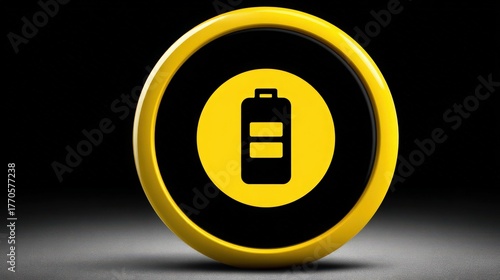 Circular Battery Icon with Yellow Background on Dark Surface, Concept of Energy Status and Battery Life Monitoring