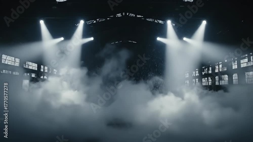 Powerful Stadium Spotlights and Billowing Smoke Create Dynamic Event Atmosphere.