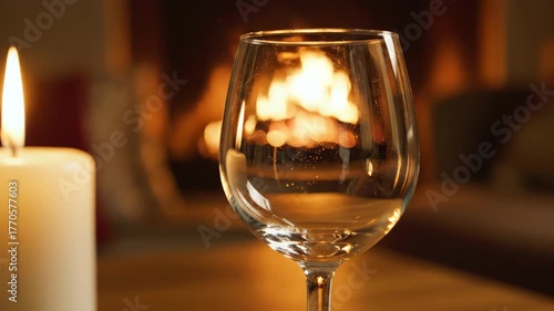 Romantic Evening Wine Glass Candle and Cozy Fireplace Ambiance.