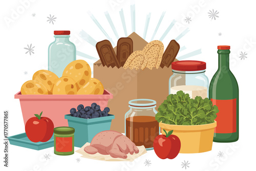 Vector illustration of a collection of groceries including fresh produce, raw meat, bread, and canned goods, arranged in a visually appealing manner