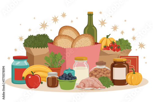 Vector illustration of assortment of fresh groceries including bread, fruits, vegetables, meat, and dairy products