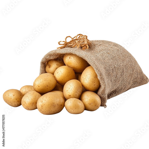 Fresh organic potatoes poured from burlap sack isolated on a dark surface for food photography