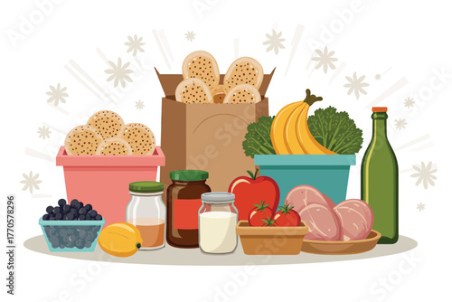 Vector illustration of a collection of groceries including bread, fruits, vegetables, meat, and jars