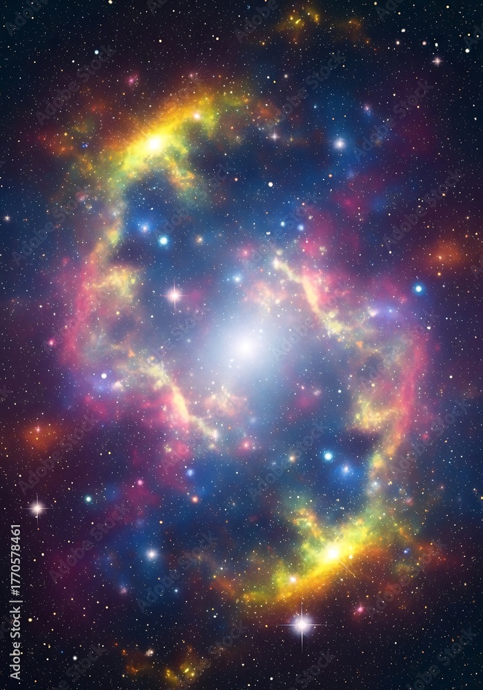 Naklejka premium A vibrant nebula dominates a starry expanse. Gas clouds of yellows, reds, and blues encircle a bright, central core. Countless stars scattered