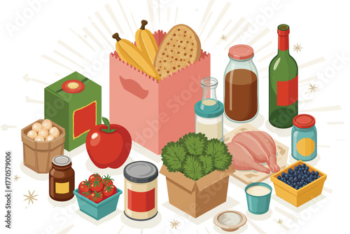 Vector illustration of assortment of fresh groceries including fruits, vegetables, meat, and pantry staples in a colorful illustration