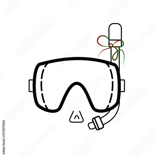 Minimalist line art icon of diving mask and snorkel with a decorative ribbon, isolated on transparent background, perfect for travel, sea adventures and underwater exploration