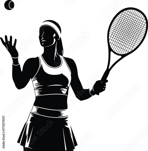 Tennis Serve Silhouette Vector – Female Athlete Tossing Ball in Pre-Serve Motion