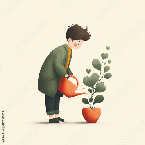 Minimal vector illustration of a man watering a heart-shaped plant, representing kindness, care, empathy, and emotional growth in a modern soft style. Vector illustration
