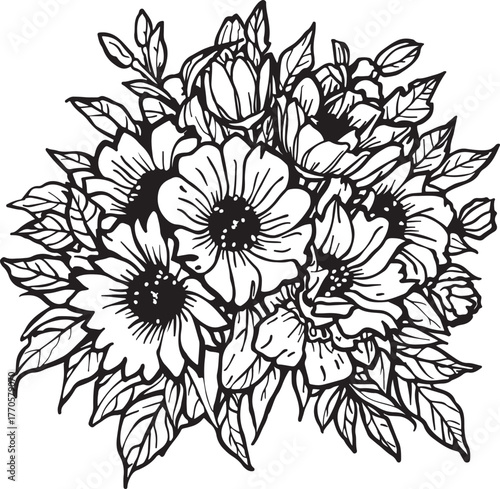 Black and white line art illustration of a bouquet of various flowers and leaves in a cluster floral