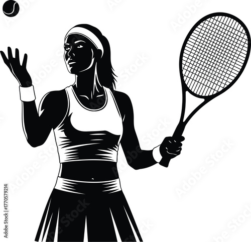 Tennis Serve Vector – Black-and-White Silhouette of Female Athlete Tossing Ball in Pre-Serve Motion