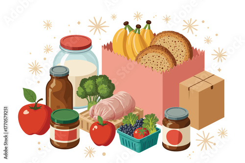 Vector illustration of assortment of fresh groceries including fruits, vegetables, meat, and pantry staples