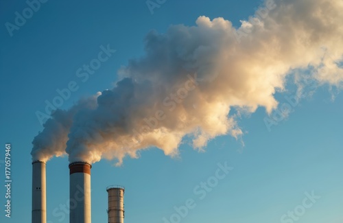 Tall industrial chimneys emit thick white smoke plumes against clear blue sky. Steam billows, drifts, tinted yellow by setting sun. View suggests large power generation manufacturing facility at work.
