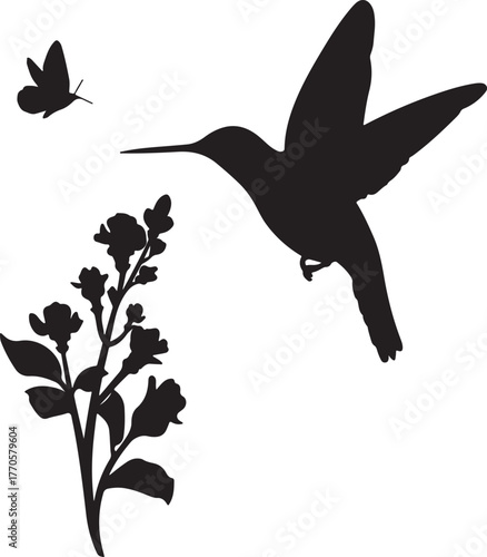 Black silhouette of a hummingbird flying towards a flowering branch with a butterfly nearby on a white background