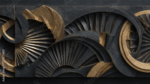 luxury black and gold wall art, elegant abstract 3D design, modern geometric elements,