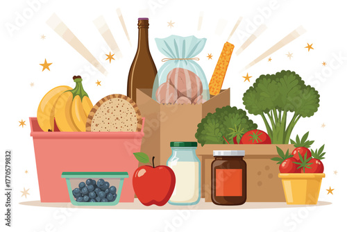 Vector illustration of grocery shopping bag filled with fresh food and drinks