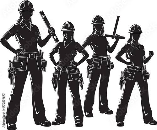Four female construction workers in silhouette isolated on transparent background