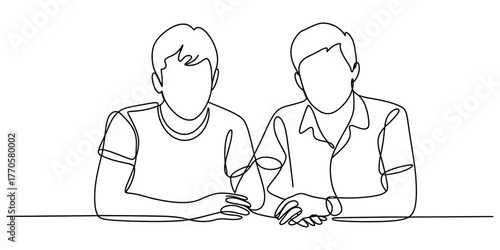 Minimalist continuous line drawing of two people sitting together at a table vector