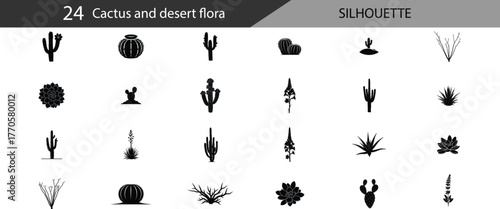 Collection of 24 diverse cactus Flowering, Barrel , Prickly Pear, Succulent Rosette, Desert Shrub, Agave Plant, Tall Saguaro in various shapes and sizes for graphic design