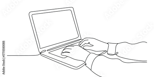 Continuous line drawing of hands typing on a laptop keyboard and using a touchpad vector