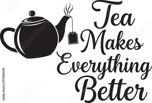 Black teapot with steam and tea bag silhouette isolated on transparent background t shirt design
