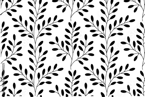Black and White Botanical Branch Pattern Seamless Background