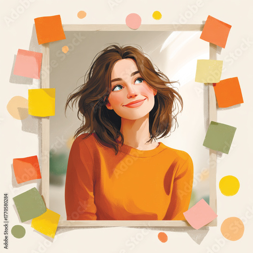 Cheerful flat vector illustration of smiling woman in orange sweater surrounded by colorful sticky notes, symbolizing positivity, inspiration, and mindfulness. Vector illustration