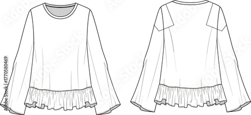Women's ruffle hem blouse technical flat sketch, long bell sleeves top, casual fashion design template, elegant apparel outline, vector illustration