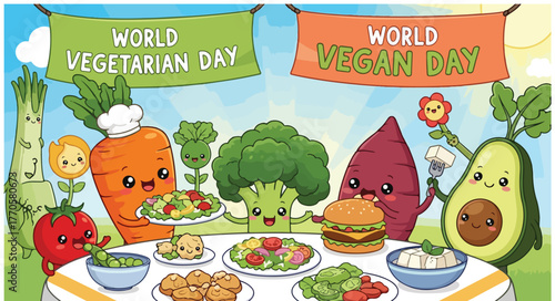Happy world vegetarian and vegan day with cute vegetables and food
