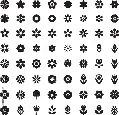 Grid of 100 black silhouette icons featuring diverse flowers, star shapes, and floral elements on a white background Keywords: flower, icon, floral, plant, bloom, petal, bud, leaf, stem, nature