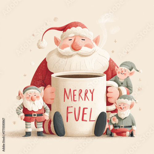 Funny Christmas illustration of Santa and his elves sharing a giant coffee mug labeled Merry Fuel, symbolizing festive humor and holiday spirit. Vector illustration