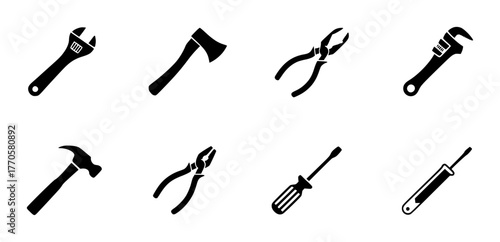 Collection of Black and White Icons of Common Hand Tools