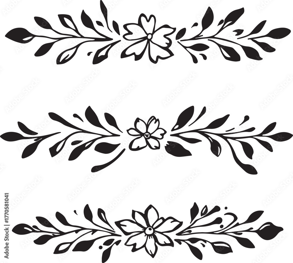 Fototapeta premium Hand Drawn Floral Decorative Borders with Leaves and Flowers in Black Silhouette on White Background