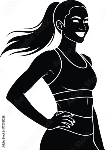 Confident Female Athlete Vector – Black-and-White Silhouette in Sports Bra and Shorts