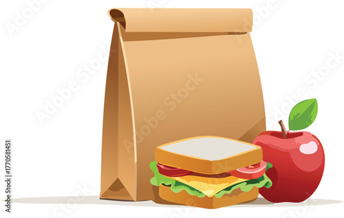Realistic vector illustration of a brown paper lunch bag placed beside a sandwich and a fresh appl