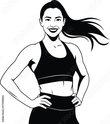 Confident Fitness Pose Vector – Black-and-White Silhouette of Woman in Sports Bra and Leggings