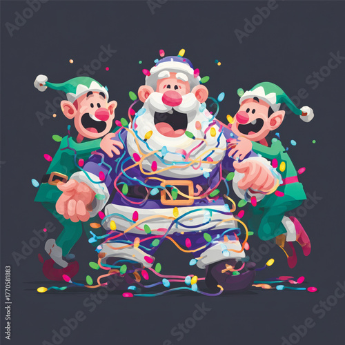 Playful vector illustration of Santa Claus tangled in colorful Christmas lights, laughing with cheerful elves. Festive and humorous holiday concept. Vector illustration