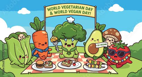 World vegetarian and vegan day celebration with anthropomorphic vegetables