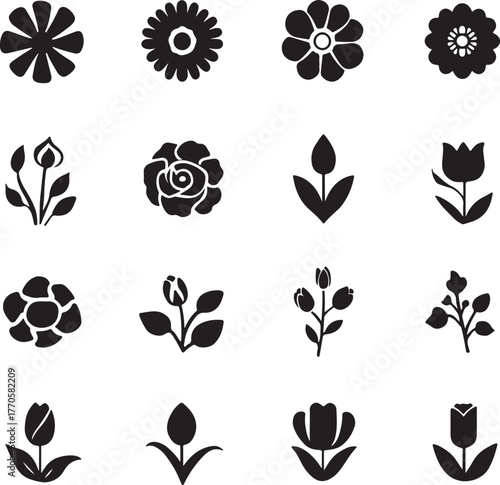 Sixteen black silhouette icons of various flowers and floral elements arranged in a grid on a white background Keywords: flower, icon, floral, plant, bloom, petal, bud, leaf, stem, nature