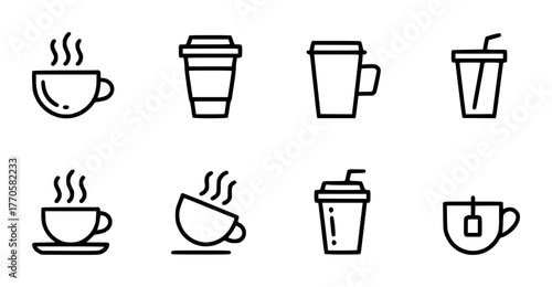 Collection of stylized line art icons representing various hot and cold beverages