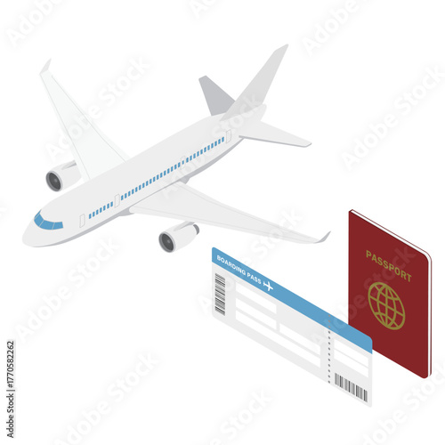 飛行機とパスポートと航空券・アイソメトリック