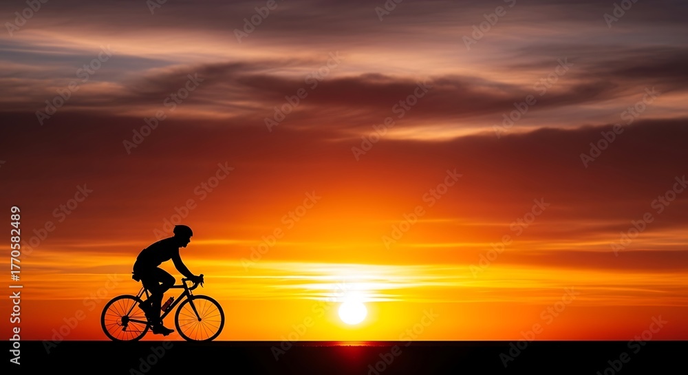 Obraz premium Silhouette of a Cyclist Riding into the Sunset, Evoking Freedom and Fitness. Ideal for promoting active lifestyles, travel destinations, or motivational themes.