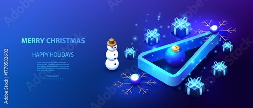 Happy Holiday Christmas card isometric banner with snowman and tree. Technology ai xmas design with snowflakes and gifts. Vector illustration for Happy New Year.