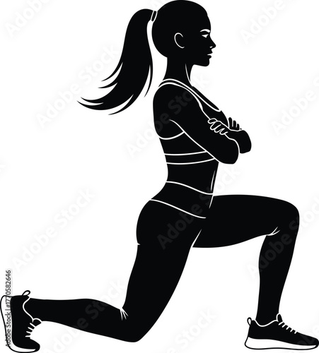 Lunge Exercise Vector – Black-and-White Silhouette of Woman in Athletic Pose with Ponytail