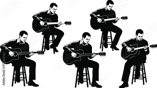 Musician plays acoustic guitar, captured in multiple poses for creative use.