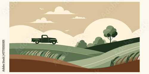 Vintage-inspired illustration of a classic pickup truck driving across rolling green hills and fields under a serene sky, capturing the essence of peaceful rural landscape