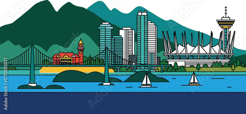 Vibrant city skyline with mountains and sailboats on the water