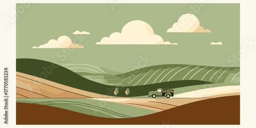 Scenic rural landscape illustration of a pickup truck on a countryside journey through rolling farmlands and verdant hills