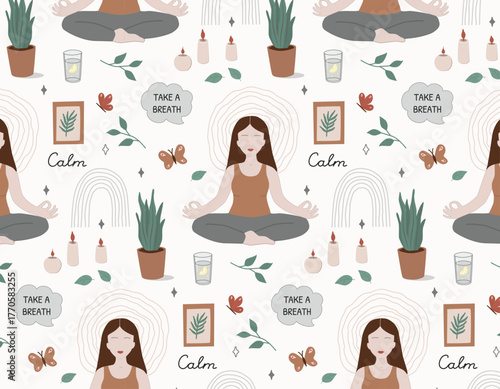 Seamless vector pattern with calm women meditating, potted plants, candles, butterflies, quotes, rainbow and natural elements. Ideal for wellness, yoga, spa, fabric, stationery, packaging, and mindful