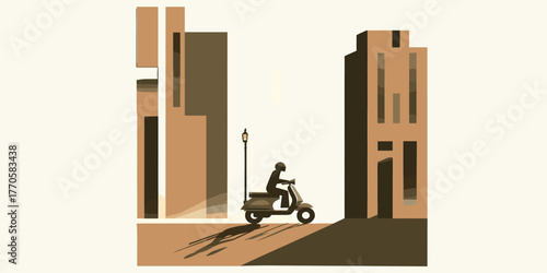 Urban delivery person riding a scooter through a modern city street, conveying efficiency and modern logistics